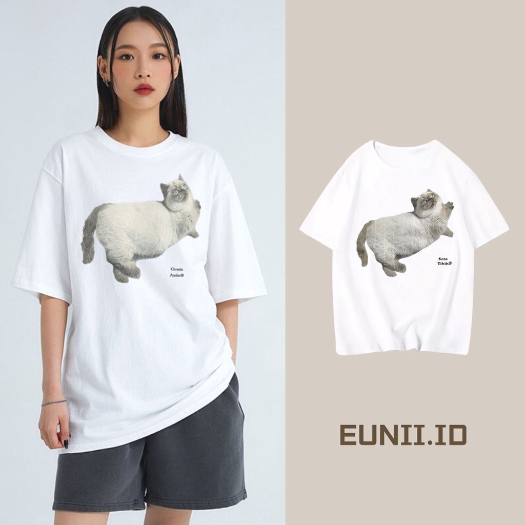 EUNII T-shirt Lengan Pendek Imut Kucing Pencetakan Longgar Korean Style/Kaos Atasan Wanita/Baju Kaus Oversize Wanita