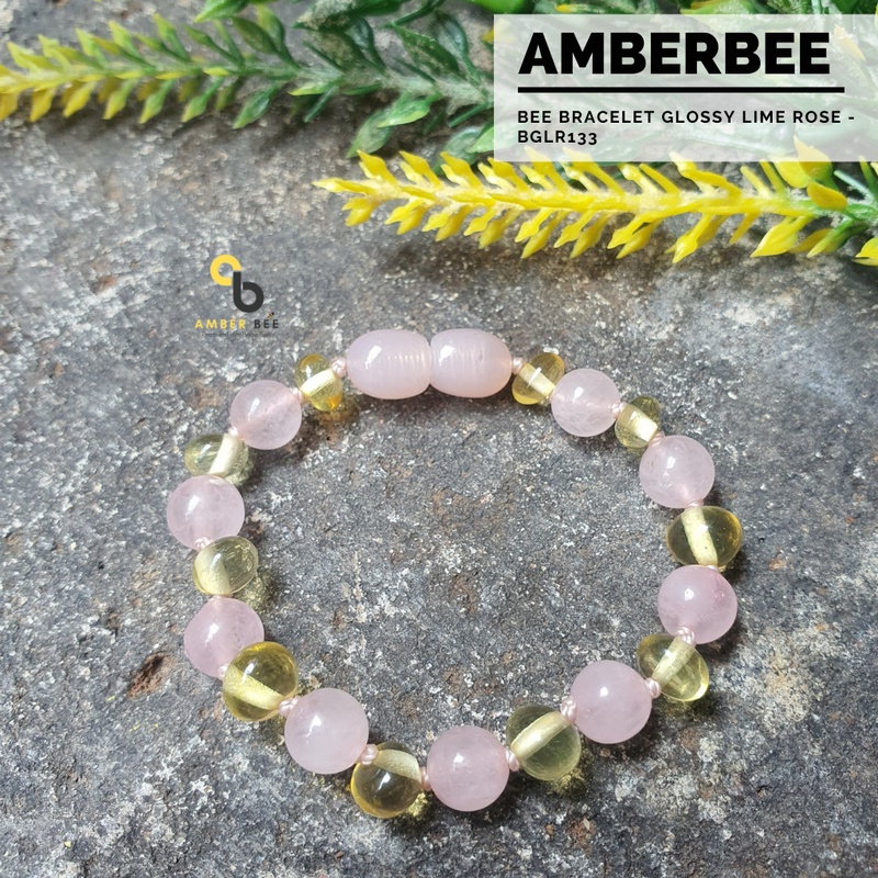 Gelang Amber Baltic Anak dan Balita Premium Glossy Lime Gemstone Rose BGLR133 By Amber Bee