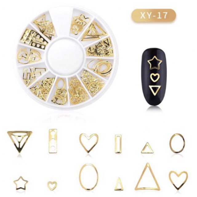 Hiasan Metal Bentuk Geometri Campur Aksen Hollow 3D Warna Gold untuk Dekorasi Nail Art 3D Kutek nail