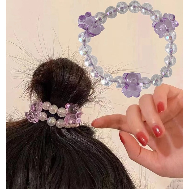 Women Korean Ins Cute Candy Color Cartoon Bear Crystal Beads  Bracelet Hair bands / Ladies Elastic Simple Elastic Hair Ties