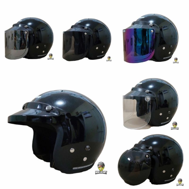 Helm Cargloss Retro Original Hitam Black Glossy Metalic + Kaca Datar