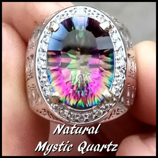 CINCIN BATU AKIK PERMATA NATURAL MYSTIC RAINBOW QUARTZ RING ALPAKA SUPER GLAMOUR