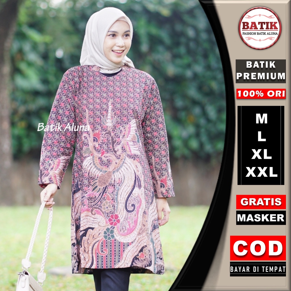 Batik Wanita Modern Elegan Lengan Panjang Eksklusif Premium Tasikmalaya Blouse Baju Batik Wanita Tunik Terbaru Kekinian Atasan Batik Wanita Modern Jumbo Kantor Berkerah FASHION BATIK ALUNA