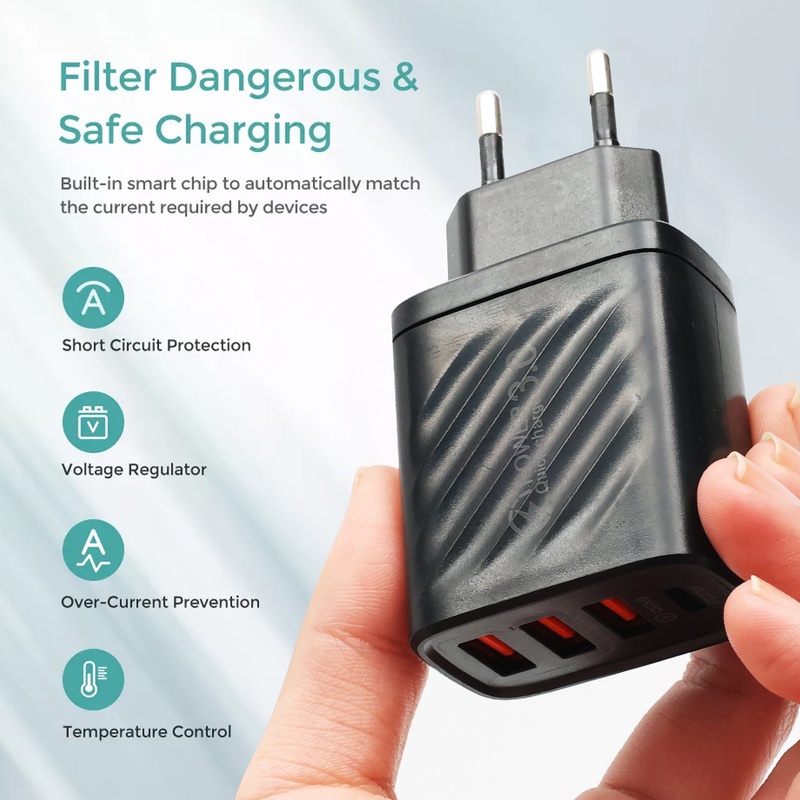 Adapter Charger Dinding Universal 3 Port Usb Tipe C Qc 3.0 10w 5v 2a Untuk Iphone / Android