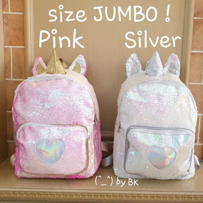 [GRATIS ONGKIR] BAJUKIDDIE UNICORN SEQUIN BAG tas anak cewek ransel pesta lol import - Jumbo Silver 