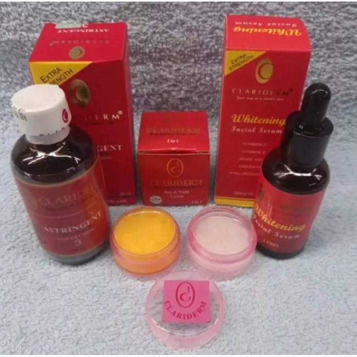 Paket 4in1 Clariderm Astringent Alkohol No 3 Original Dan Cream Susun Claridem Siang Dan Malam + Serum Original...