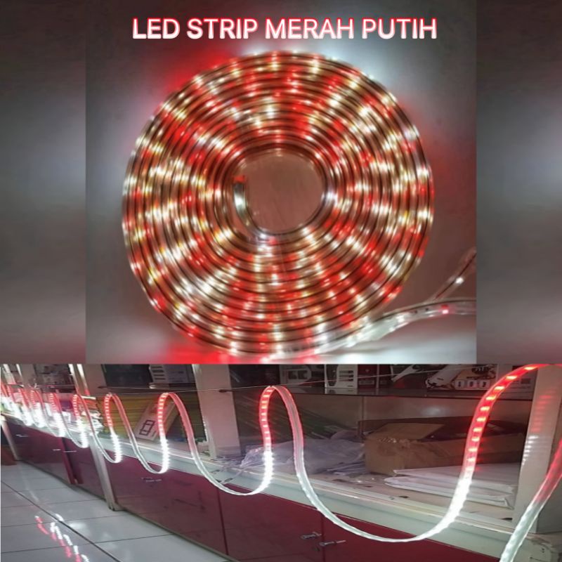 Lampu LED Strip Selang Merah Putih 220V + Adaptor 10 Meter Outdoor