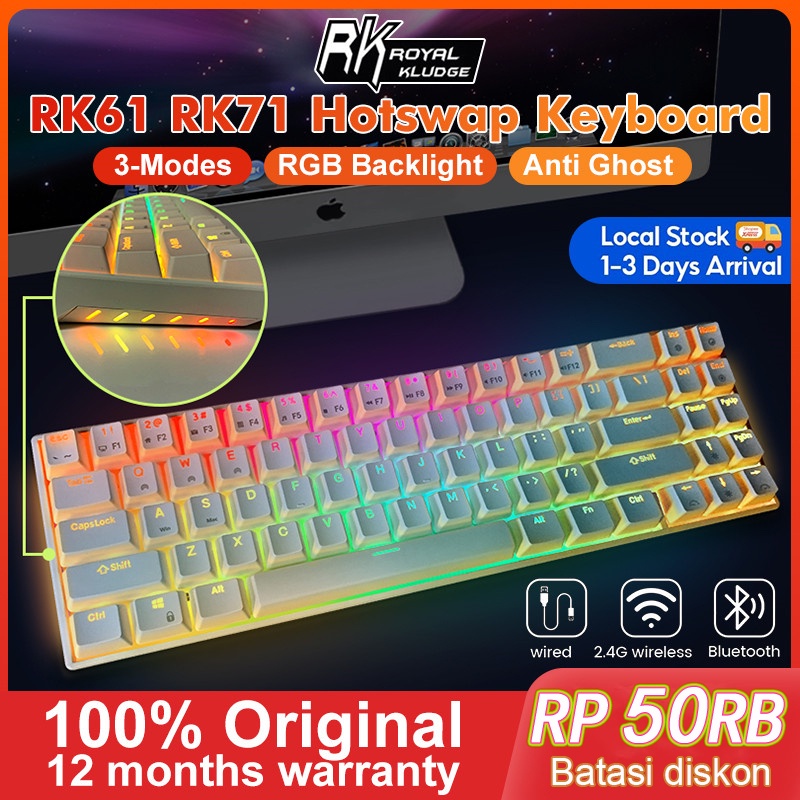 【Beli dua diskon 20%】 RK61 RK71 Wireless Bluetooth 61 71 Keys RGB Backlight 3 Modes Hotswap Gaming Mechanical Keyboard for PC Royal Kludge