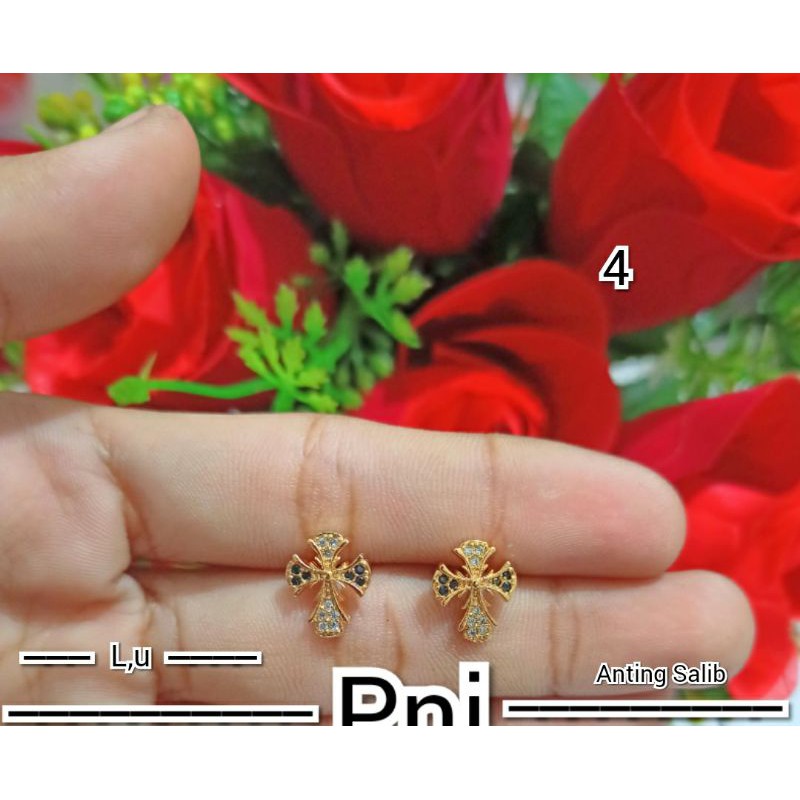 Fourfashion Anting Rohani Kristen Katolik Anting Salib Mata Zircon Perhiasan Lapis Emas PD05