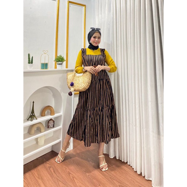 Midi Dress Rayon Motif Salur Kombinasi Free Belt