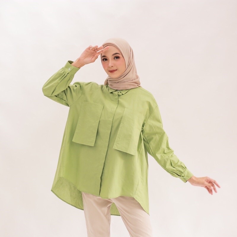 COD - Kemeja Wanita Pocket Oversize Linen Blouse Pocket Oversize Linen Kemeja Pocket Oversize Polos NIKI Shirt