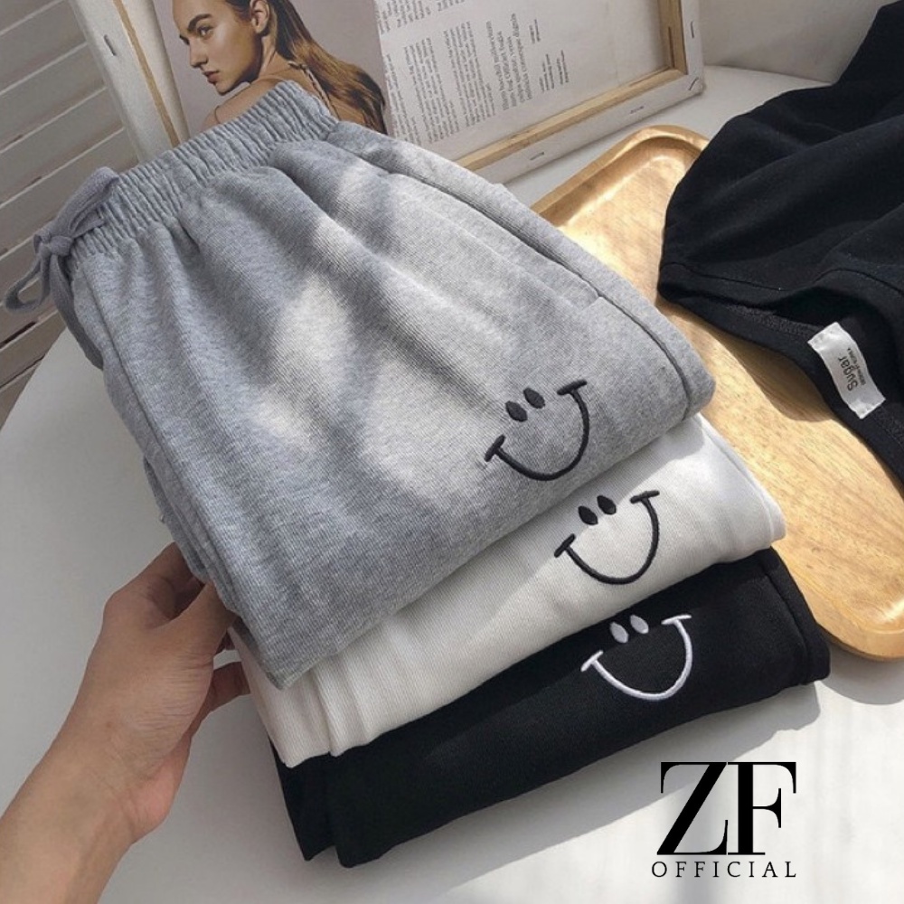Celana Training Jogger Wanita Smile Pants Bahan Fleece Premium