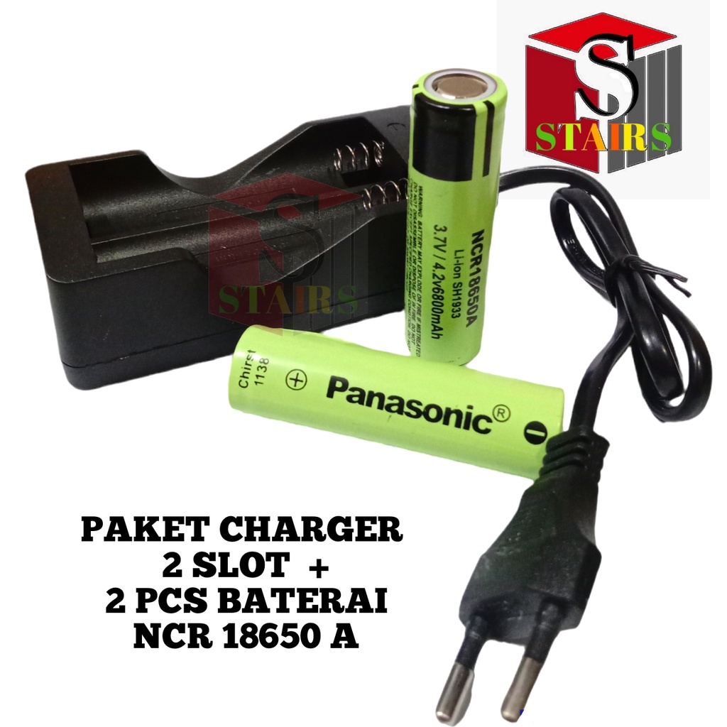 PAKET CASAN 2 SLOT + 2 PCS Baterai Li-ion NCR 18650 A 6800mAh 3.7/4.2V Warna Hijau FLATTOP