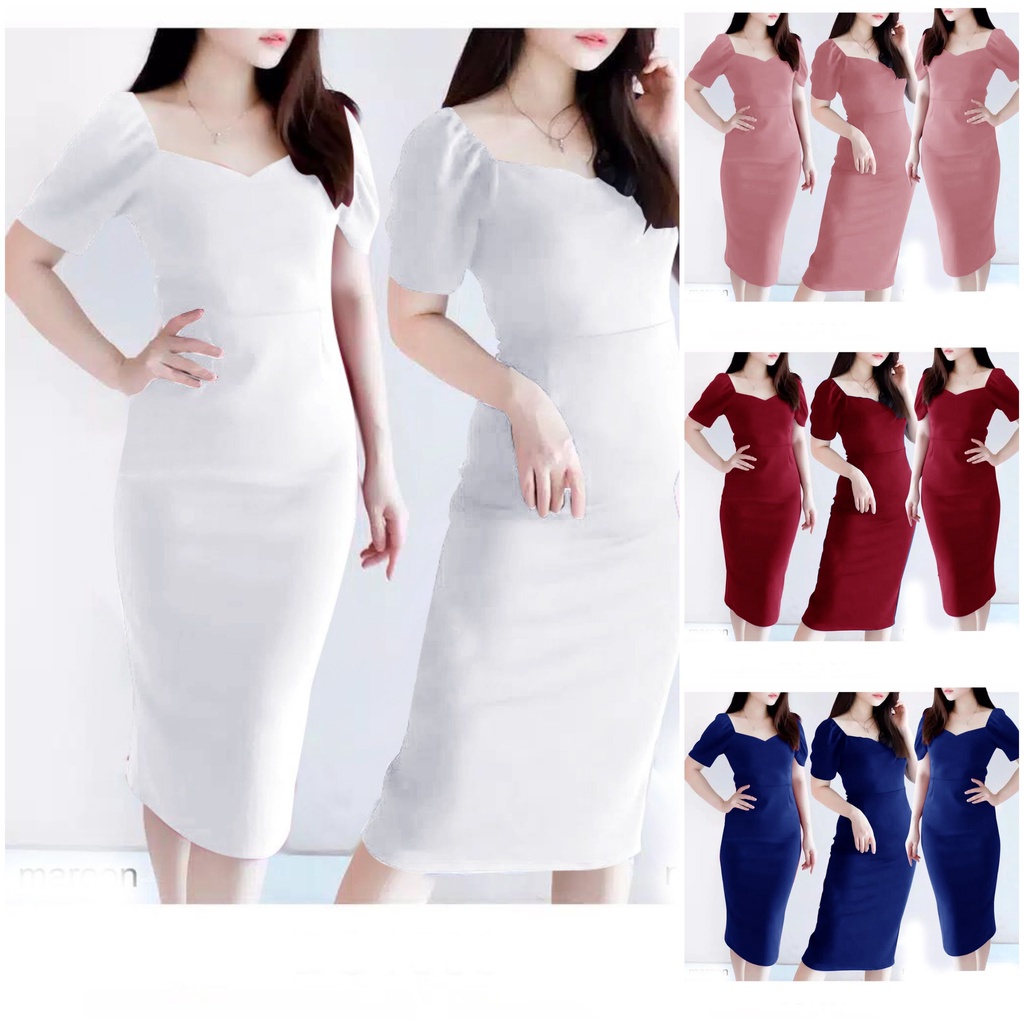 Baju Dress Gaun Scuba Lengan Pendek Pita Bunga Pesta Lembut Polos Vintage Panjang Cantik Dress Jolin