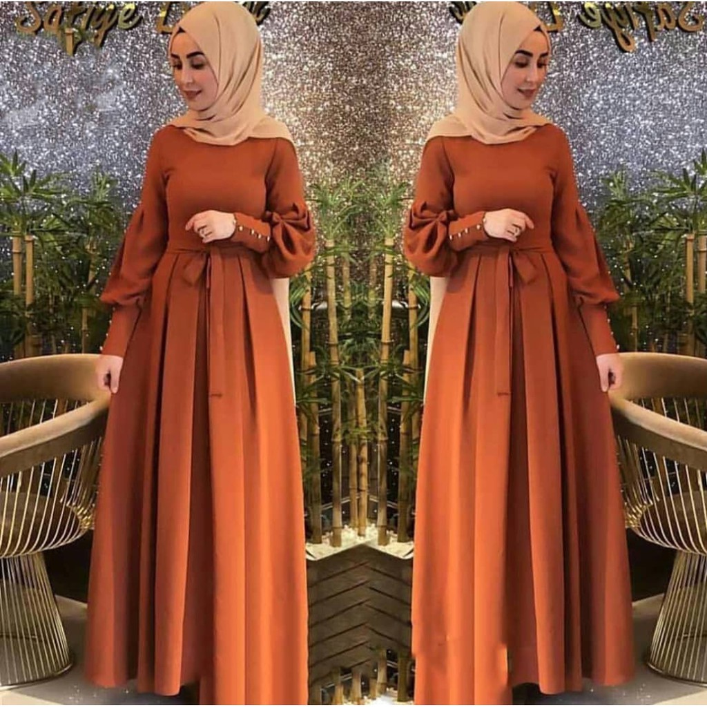 Baju gamis wanita lebaran terbaru 2022, kekinian dan modern AUDY DRESS bahan moscrepe ukuran L-XL-merah bata