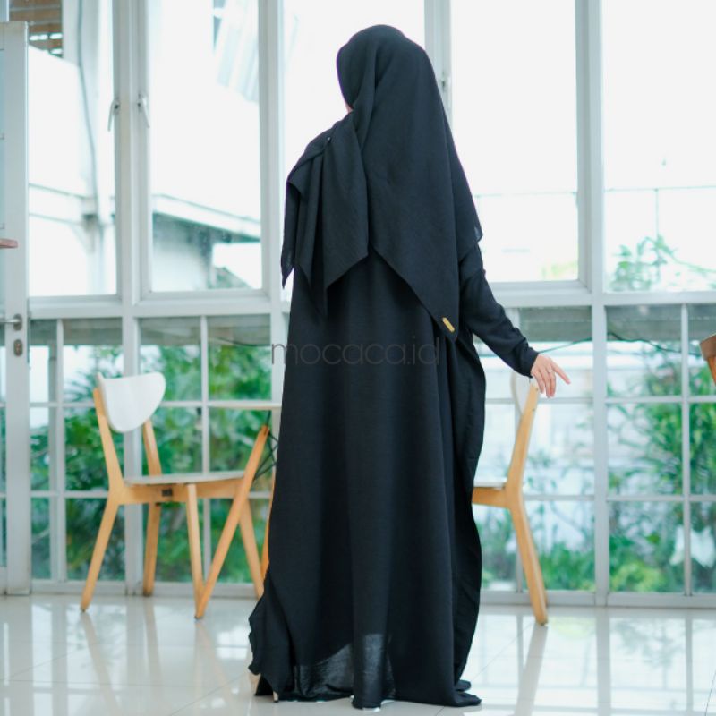 abaya set premium sudah dengan kerudung hitam ada saku sleting lengan panjang free size