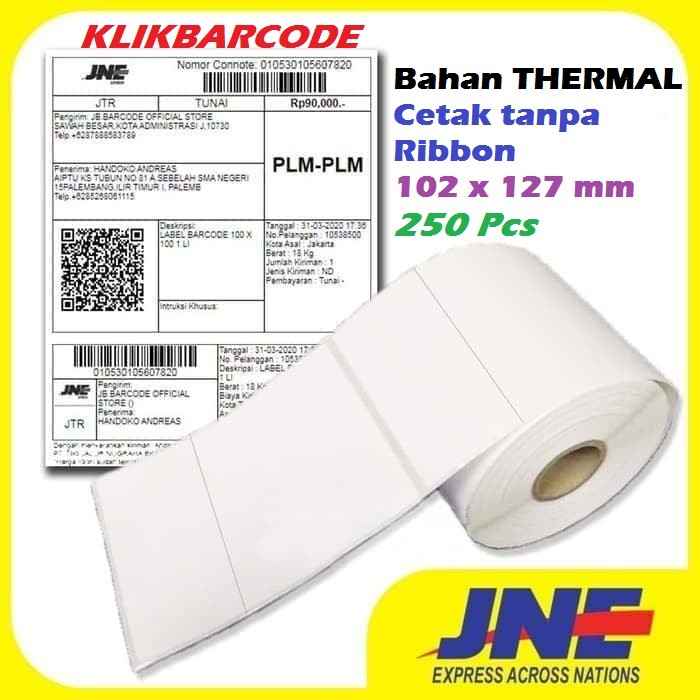 

PROMO LABEL BARCODE THERMAL 102 X 127 MM 1LINE GAP CORE 1" ( LABEL JNE ) MURAH - 250pcs