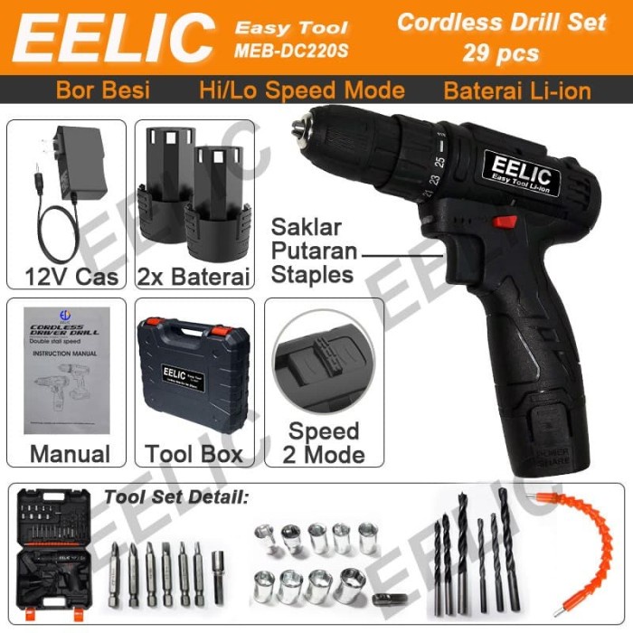 EELIC Mesin Bor Baterai Cordless 10mm Dual Speed - Bor Listrik DC220S