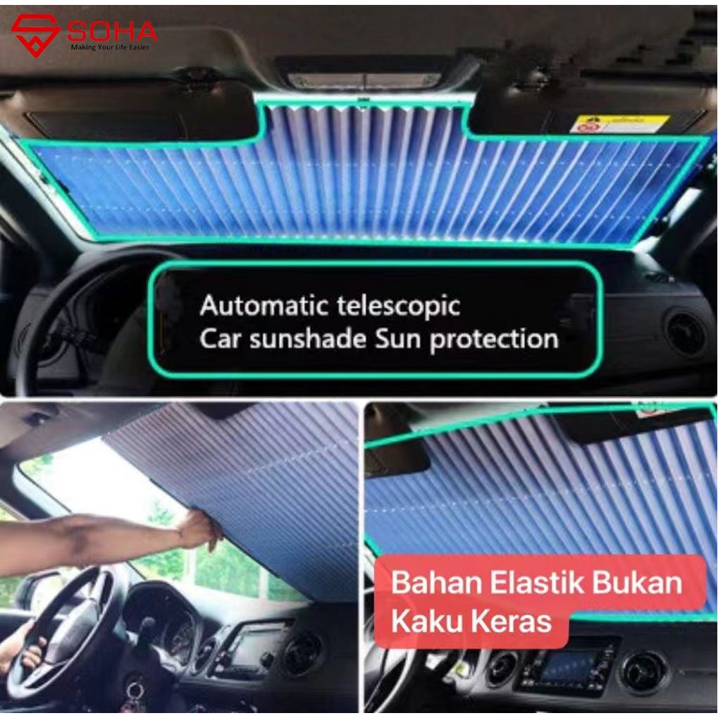 AM-27 Telescopic Sun Shade Sun Shield Penutup kaca Depan Mobil Pelindung Panas Sinar Matahari Elastis Bisa Potong Melindungi Dasboard / Interior Mobil