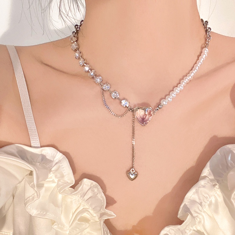 YEEZII Kalung Rantai Choker Liontin Hati Kristal Mutiara Warna Pink Untuk Wanita