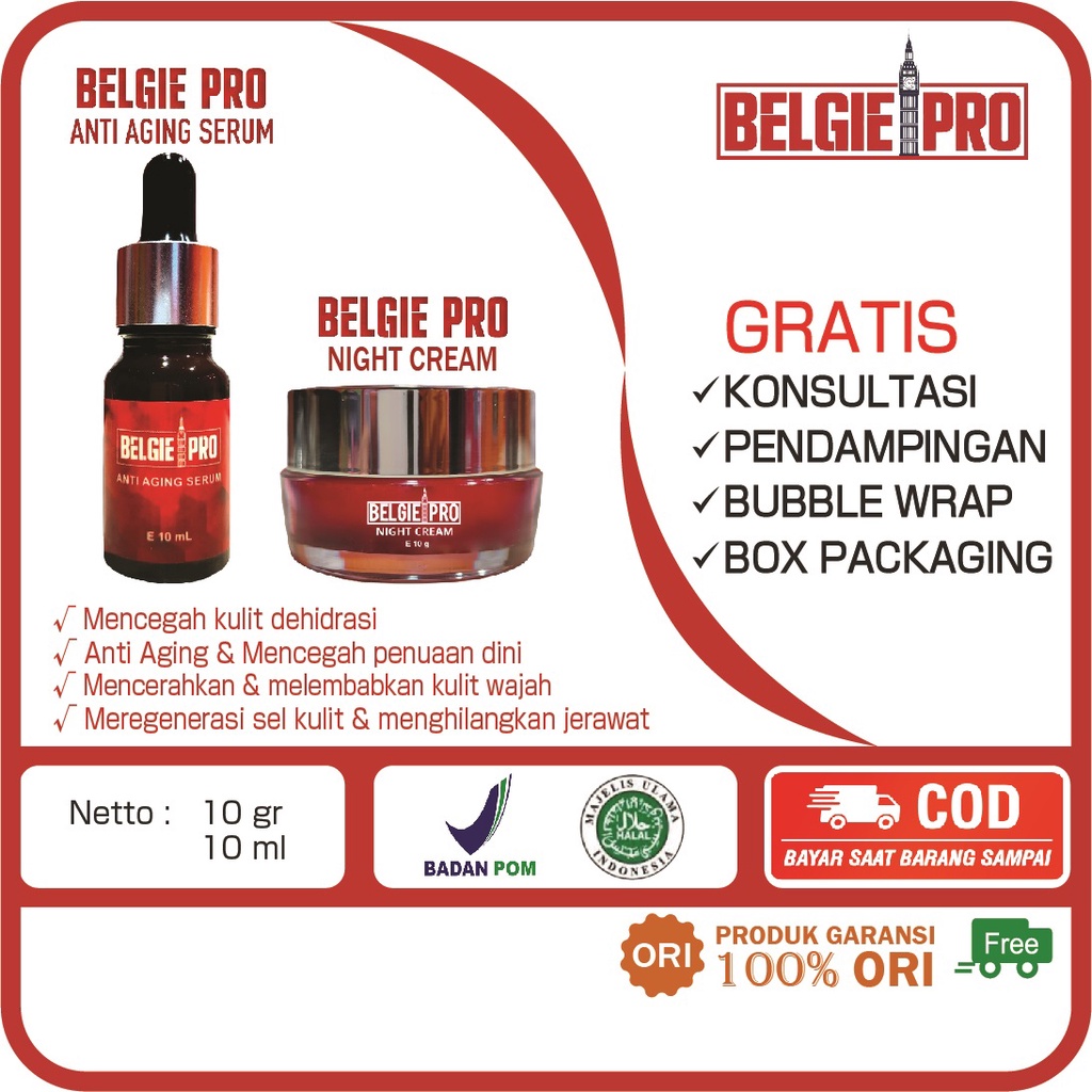 Belgie Pro Paket Skincare Face Serum 10ml Night Cream 10gr Penghilang Bekas Jerawat Noda Hitam Peraw