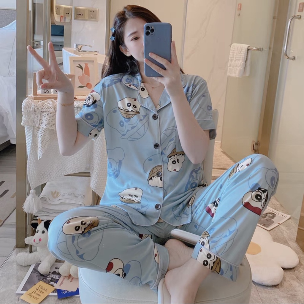 Piyama Baju Tidur Wanita Import Fashion Karakter CP Kerah Kemeja Lengan Pendek Celana Panjang-7427