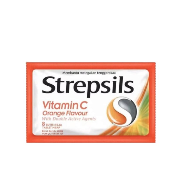 strepsil vitamin c orange 1 pouch isi 8 pc / permen / radang tenggorokkan / daya tahan tubuh/ Promo