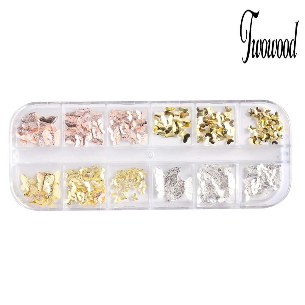 Twowood 1 Kotak Ornamen Kupu-Kupu Metal 3D Aksesoris Nail Art DIY Charms