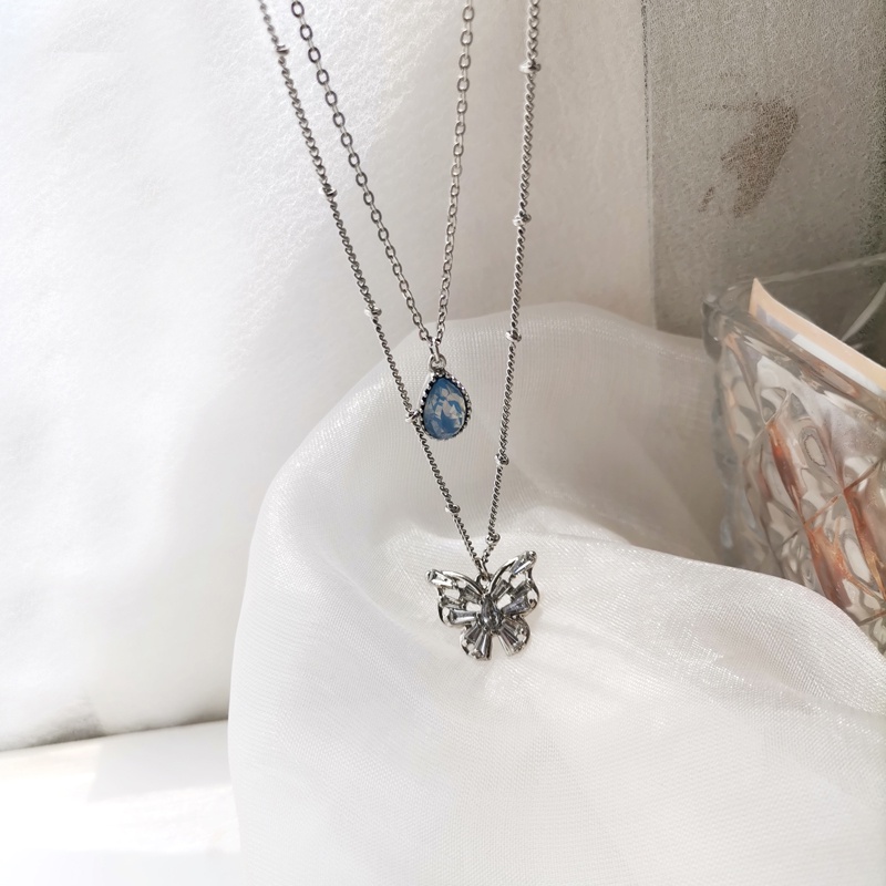Blue Water Drop Butterfly Necklace Accessories Temperament Double Clavicle Chain