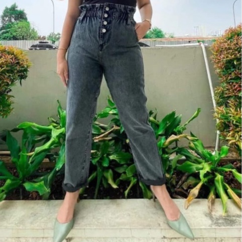 AFAREEN - Boyfriend Jeans Wanita Celana Kulot Jeans Hitam Pinggang Karet Celana Kulot Highwaist