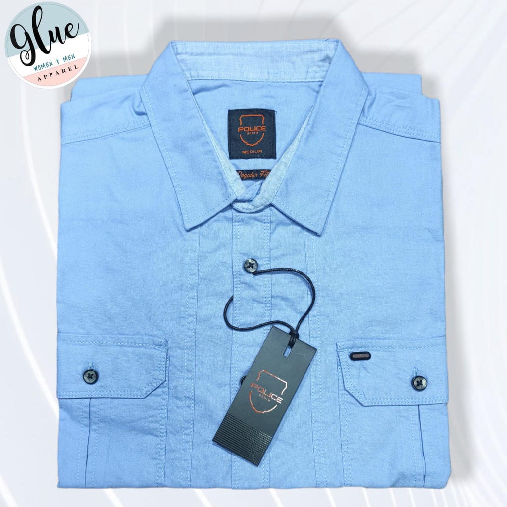 Kemeja Pria Pendek Police Denim Warna Biru Langit Original Brand