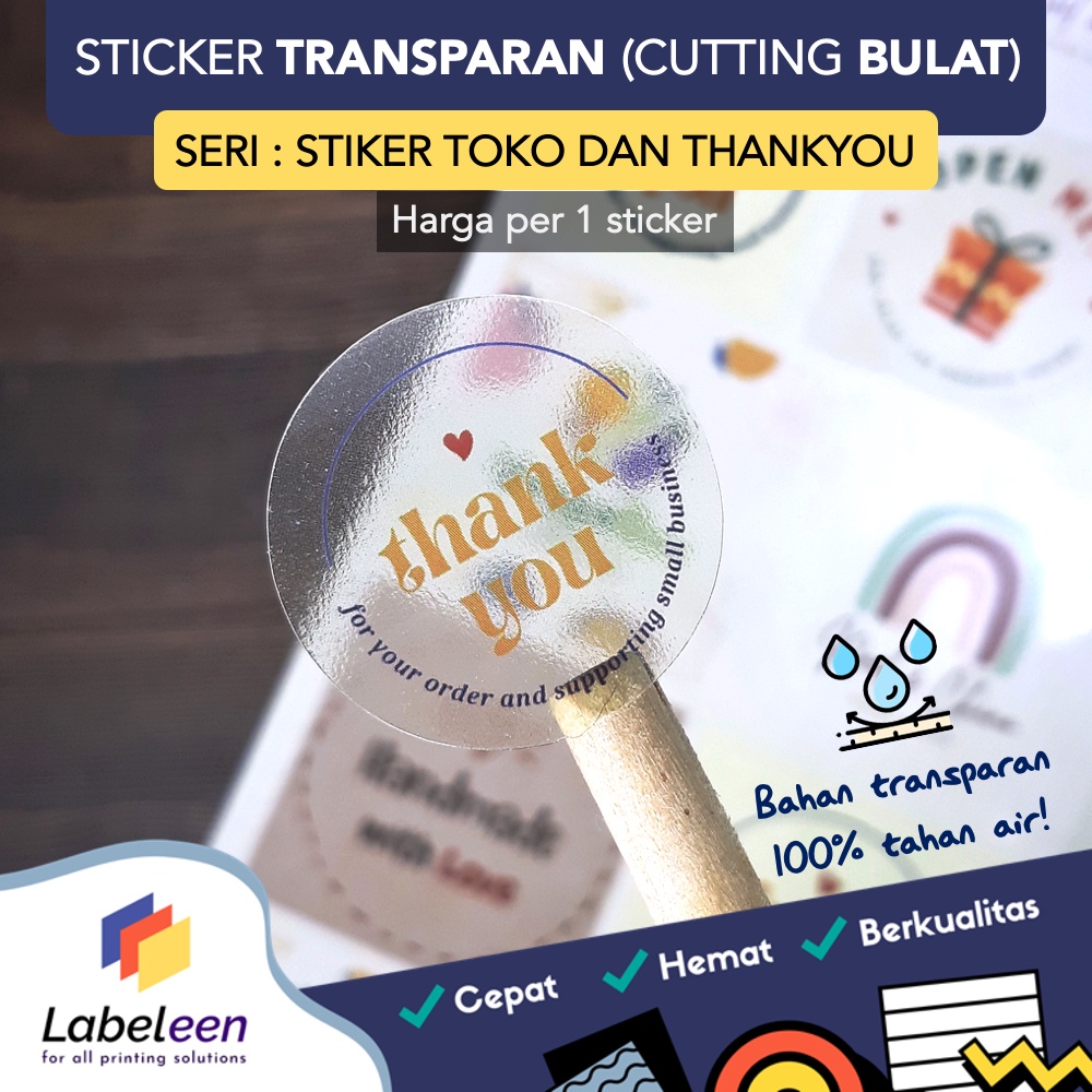 

CETAK STIKER WATERPROOF TRANSPARAN BULAT CUSTOM *ANTI AIR* MURAH | STICKER SEGEL MAKANAN, KEMASAN BOTOL, TOPLES KUE, STIKER TERIMAKASIH | FREE TEMPLATE | HARGA PER STICKER