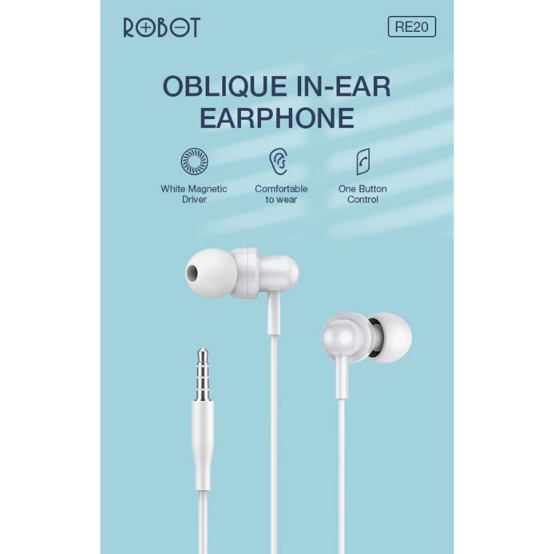 Headset Robot RE20 White Oblique In - Ear Deep Bass Ultra Light - Earphone Robot Putih