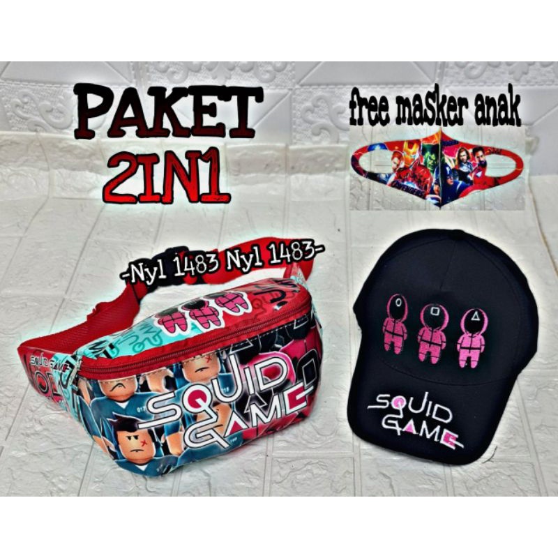 Real Pict Paket 2in1 Tas Waistbag SquidGame Free Topi bordir dan Masker anak