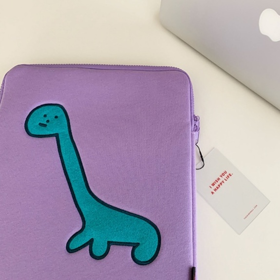 Sleeve Pouch Sarung Tas Bag Case Ipad Tab Tablet Macbook Air Pro Laptop Asus Acer Lenovo HP Huawei 11 12 13 14 15 inch Motif Gambar Kartun Cartoon Dino Warna  Ungu Purple Lilac Cute Murah Korean Model