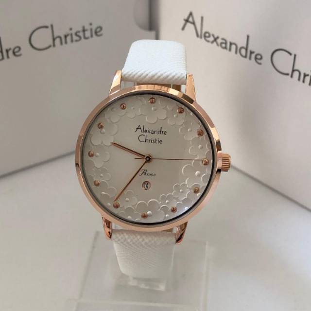Alexandre Christie AC 2794 Rose Gold leather  white jam tangan wanita