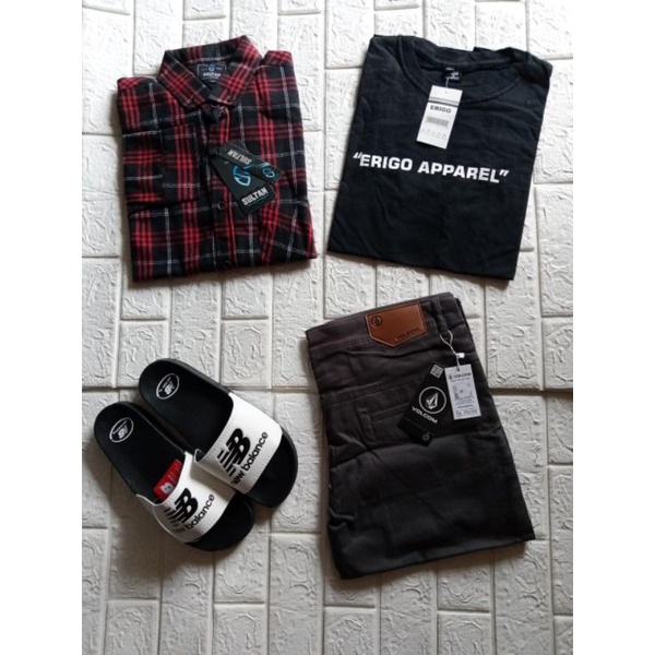 4 in 1, celana, Kaos,Flanel Premium impor, satu set outfit distro Quality