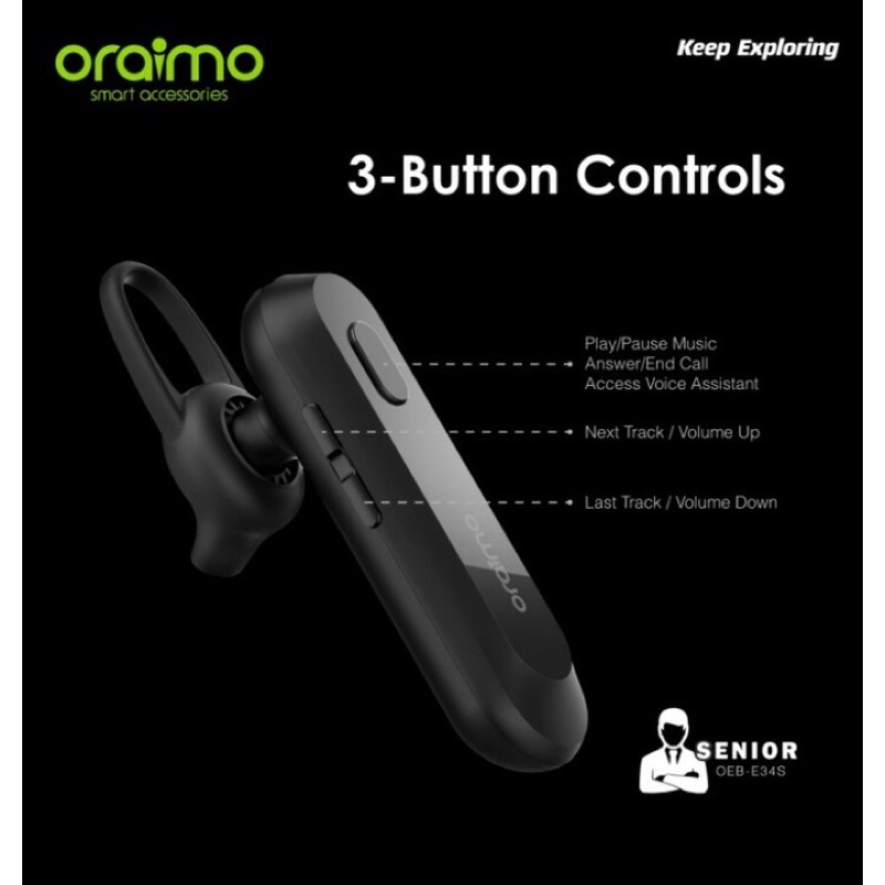 Oraimo Senior Talking Bluetooth Headset Wireless Earphone Handsfree Nirkabel IOS/Android OEB-E34S