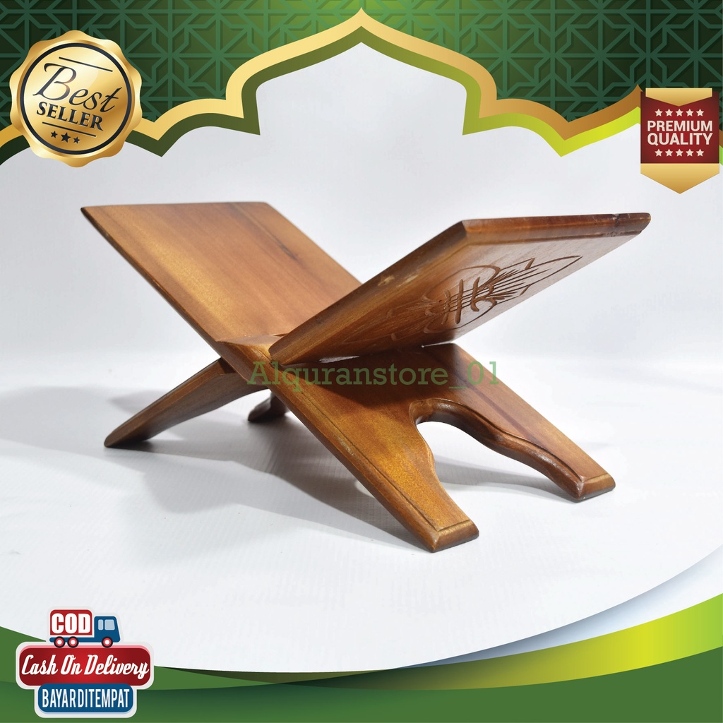 Meja Alquran Lipat Rehal Rekal Lipat Kecil Ukir Kayu Mahoni Plitur Asli Ukuran 15 (Panjang 33 Cm Leb