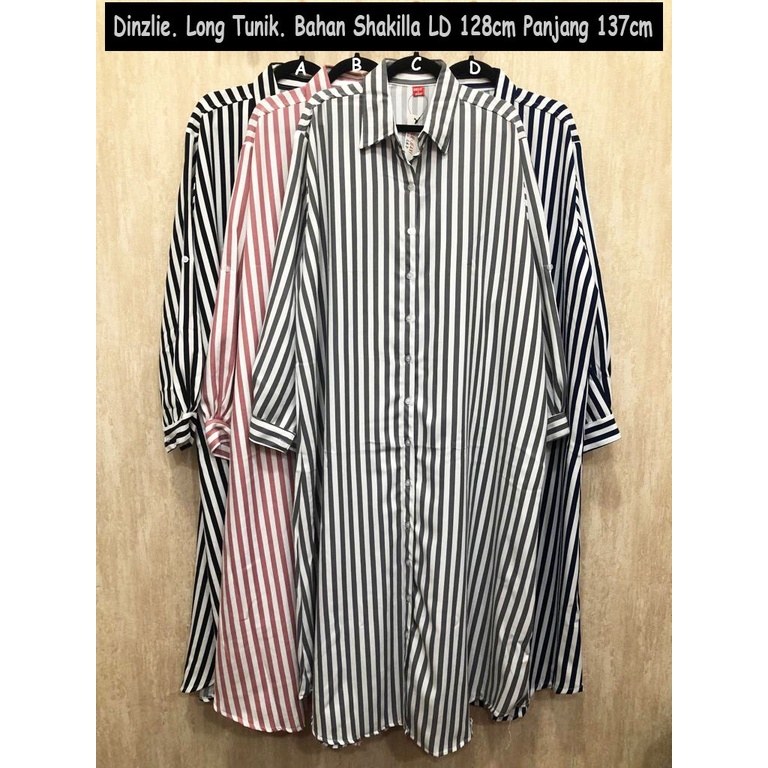 DINZLIE LONG TUNIK TUNIC LONGDRESS GAMIS MOTIF SALUR GARIS BAHAN SHAKILLA UKURAN JUMBO BIGSIZE XXXL 