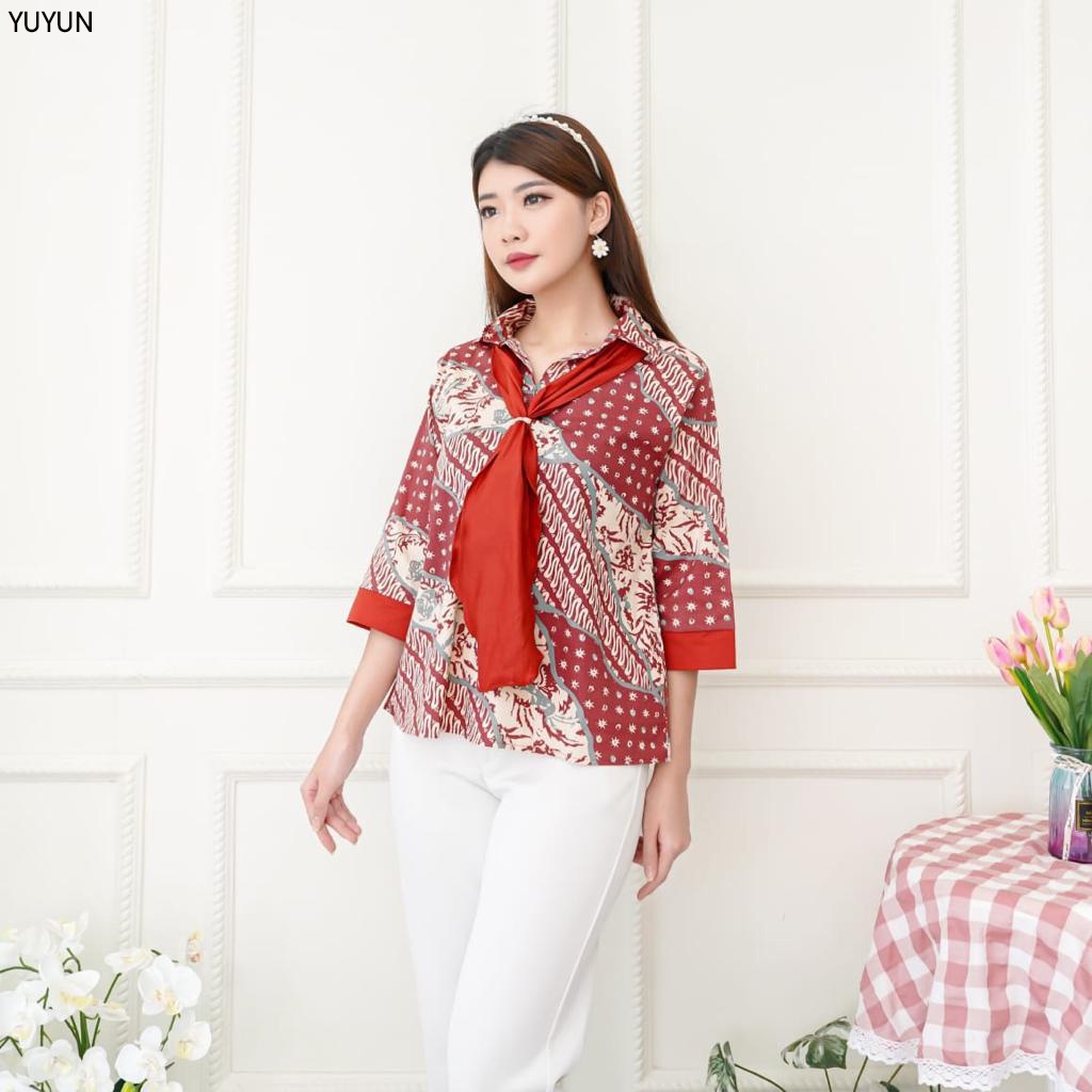 Evercloth Yuyun Blouse Wanita Atasan Wanita Blouse Batik Wanita Atasan Batik Wanita Kemeja Kerah Dasi Syal Batik Couple Seragam