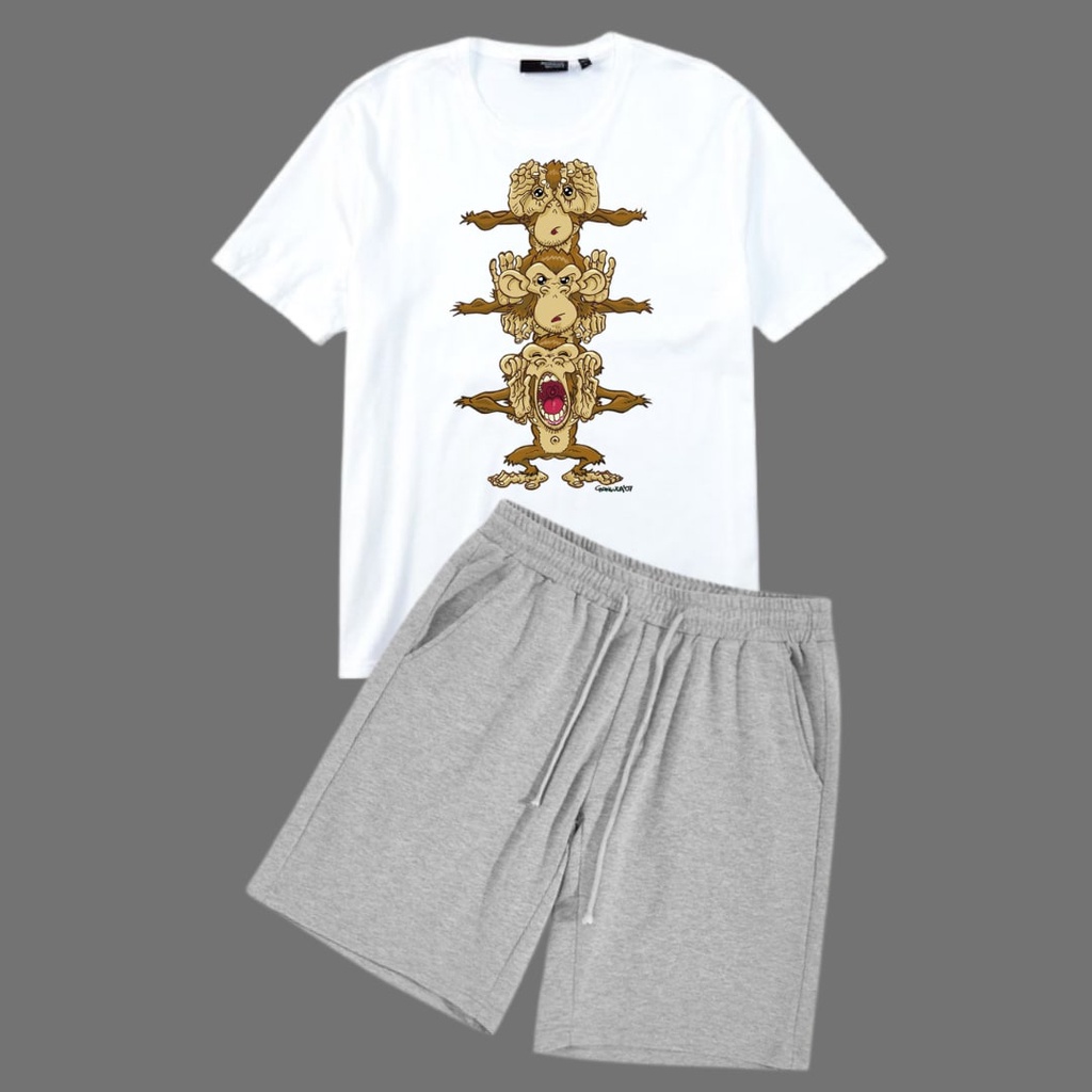 Clothing May - 1 Set Monkeyyy 1 Set One Set Oneset Satu Pasang Satu Setel Fashion Sepasang Kaos Koas Set Boxer Distro Kekinin T Shirt Tshirt T-Shirt Premium Murah Unisex Sablon Dtf Murah Celana Pria Pendek Tali Kolor Bokser