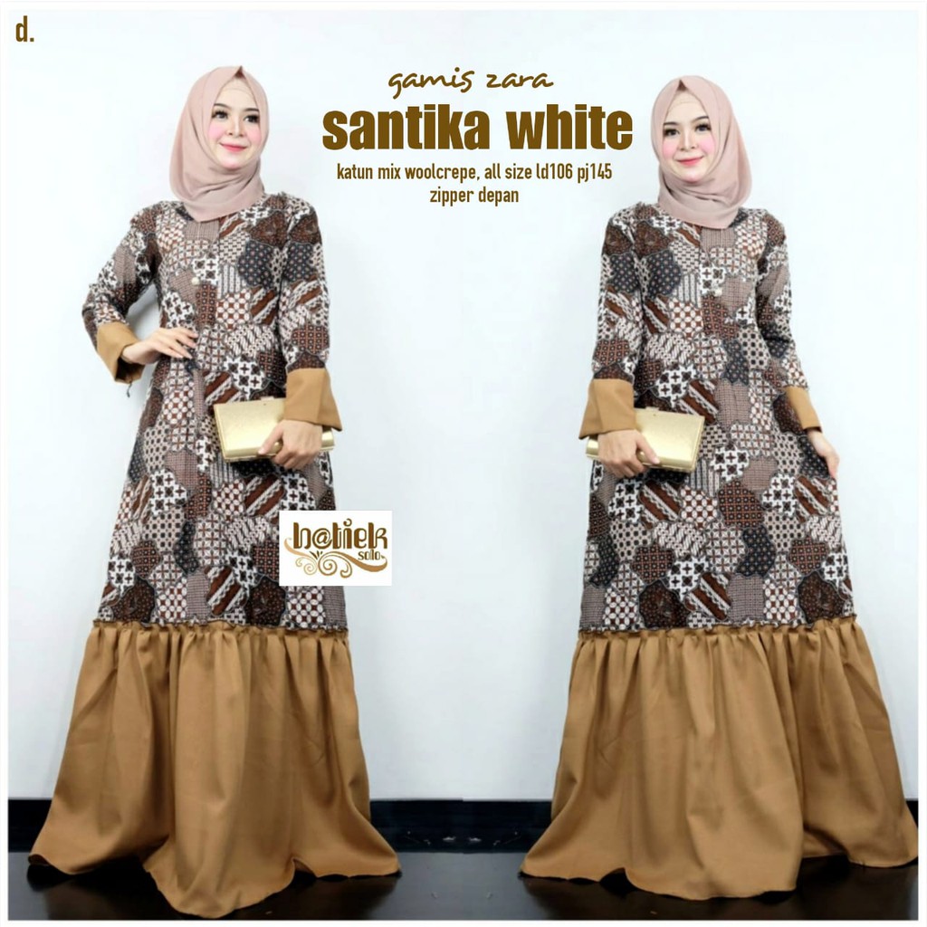 Gamis Zara Santika White Batik Muslim Long Maxi Seragam Pesta Casual Modern Baru Cantik Modern