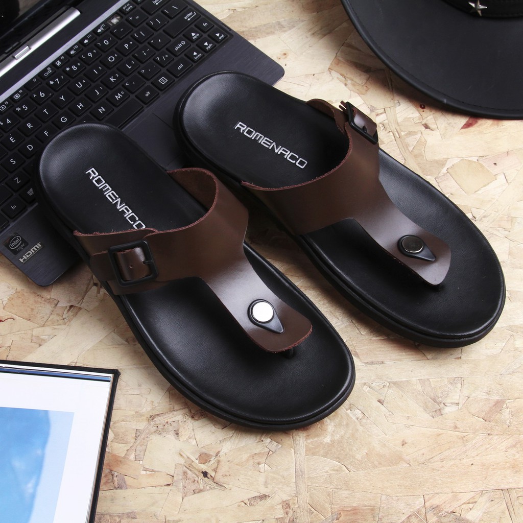 Sandal Pria Romenaco R002 Black Brown Upper Kulit Sapi Kolektif Asli