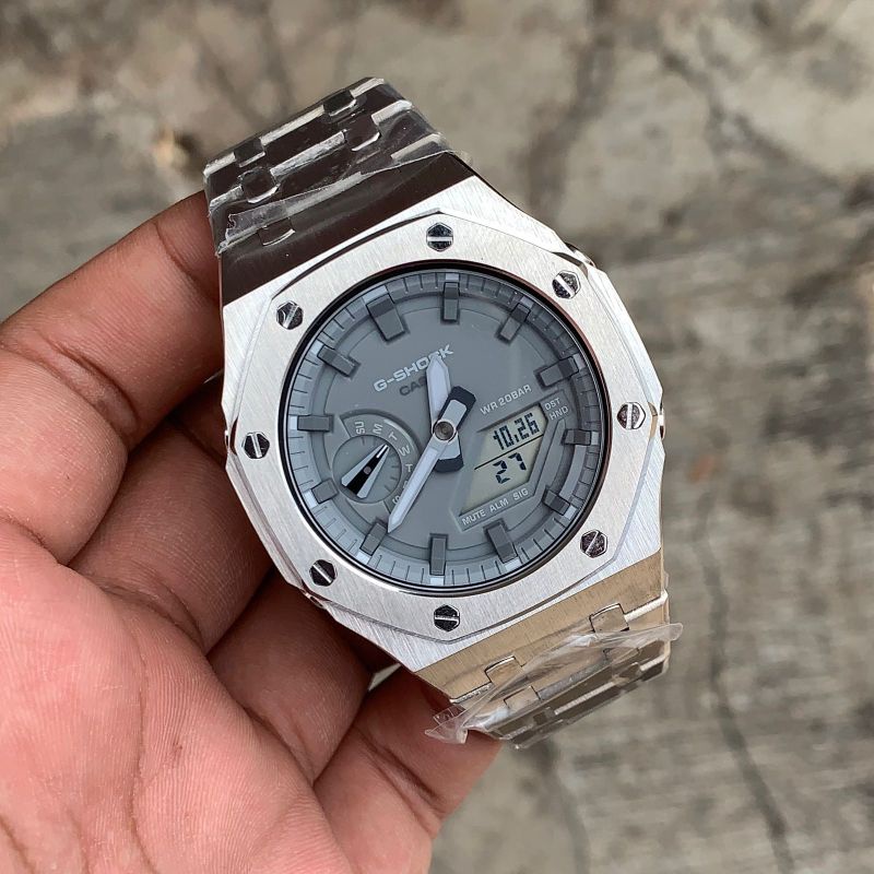 Jam Tangan G-Shock GA2100 GA-2100 Custom Strap dan Bezel Stainless Steel Silver Mesin Abuabu