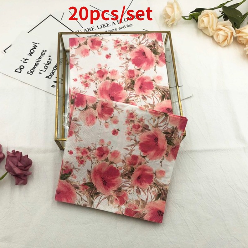 20pcs / set Serbet Wajah Bentuk Persegi Motif Print Bunga Pink Untuk Pesta Pernikahan / Restoran