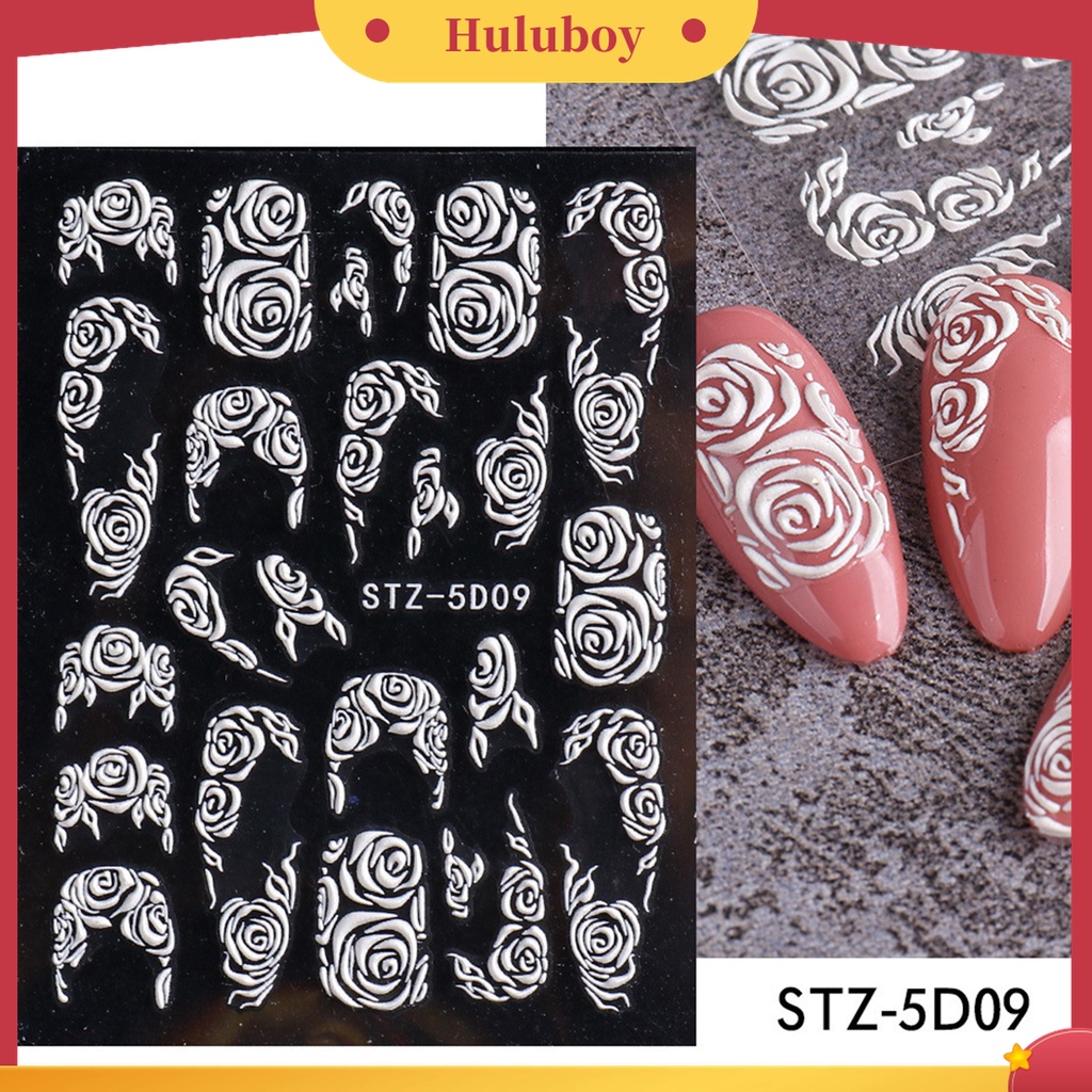 Huluboy Huluboy♡ Stiker Kuku Motif Bunga Timbul 5D Warna Putih Gaya Retro Untuk Dekorasi Manicure