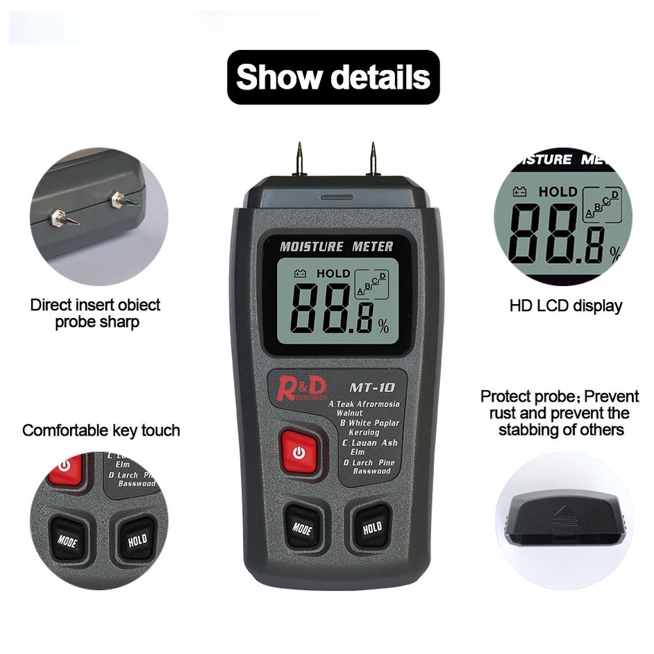 Wood Moisture Meter Kayu Kertas Pengukur Kadar Air Paper LCD Display Alat Ukur Kayu Digital MT10