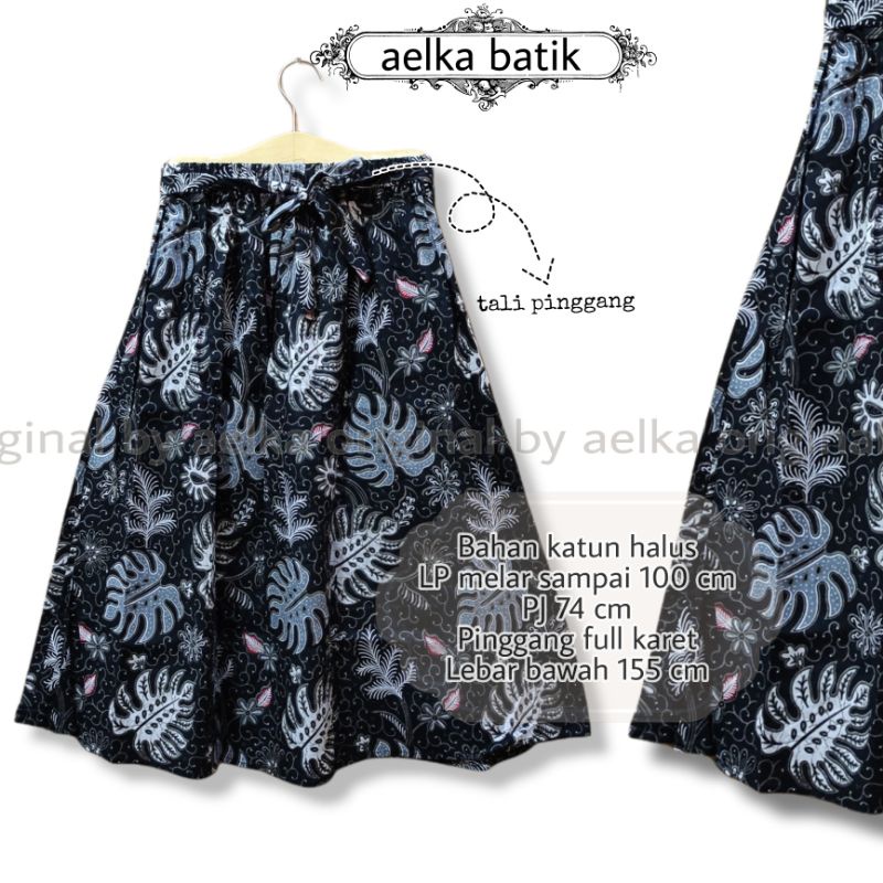 Rok batik pendek payung 7 8 pinggang karet tali modern jumbo wanita dewasa mayung terbaru premium murah kekinian selutut warna hitam Motif bunga-1