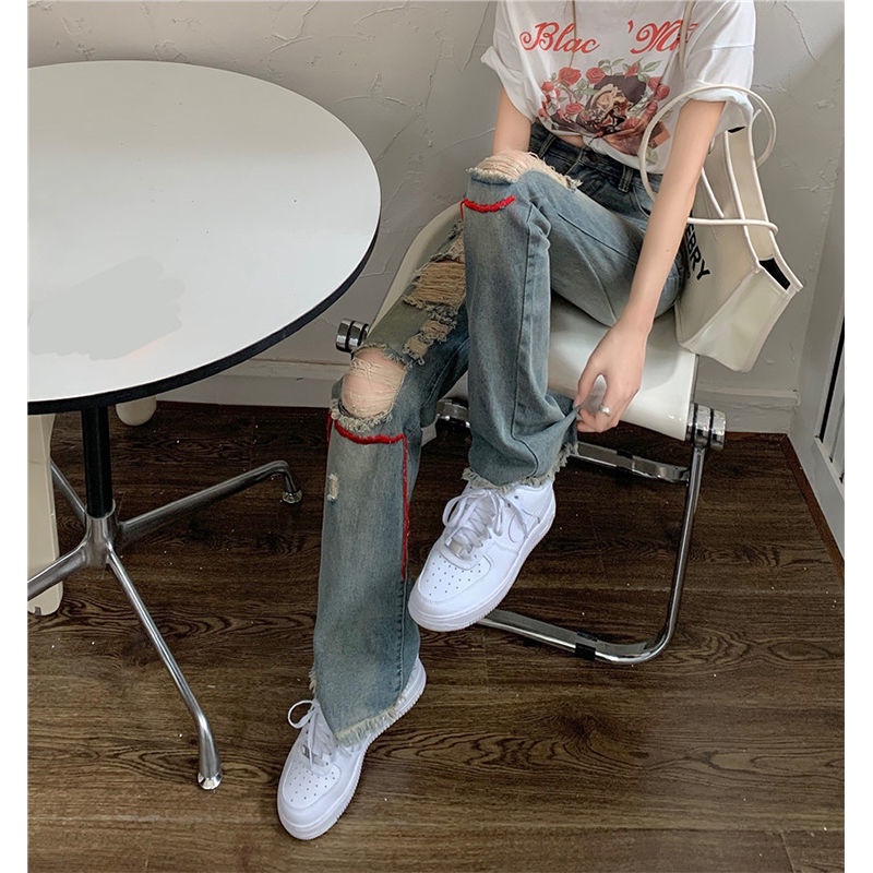 Red wanita new old wash hole hip-hop jeans women s brand high street women s spring and summer loose straight retro pants